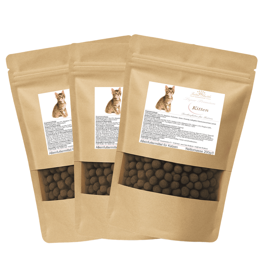 Probierpaket Kitten Trockenfutter und Nassfutter in der höchsten Güte.  Eines der hochwertigsten Kitten Trocken- und Nassfutter auf dem Markt!  Gönnen Sie Ihrer Katze ein Kittenfutter in Spitzenqualität.