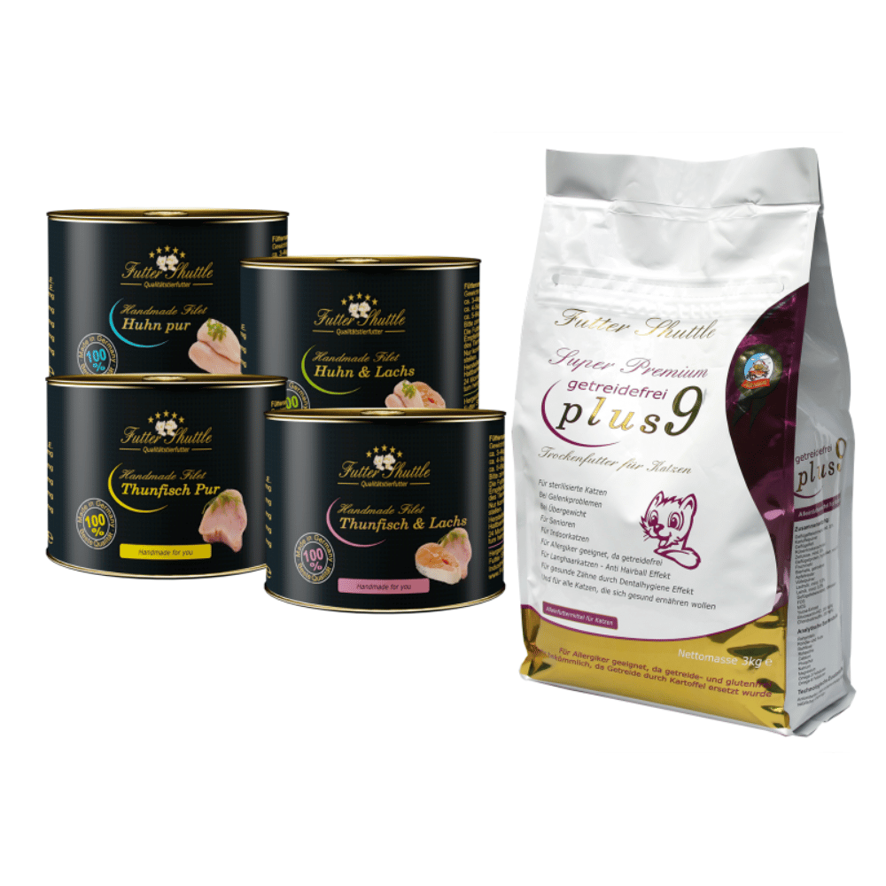 Angebot Katzenfutter Sparpaket – Getreidefreies Katzentrockenfutter Plus 9 & Handmade Filet Nassfutter | 3 kg + 12 × 140 g
