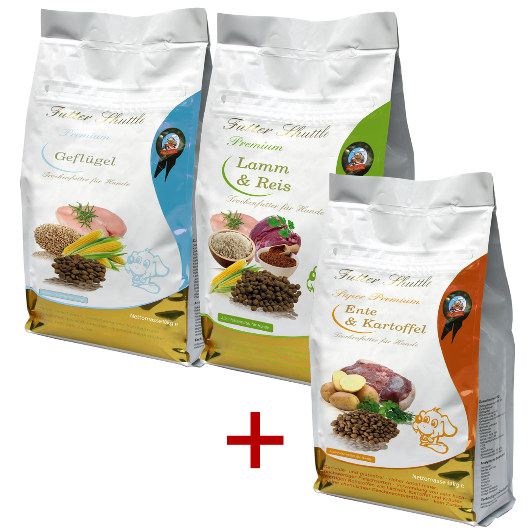 Sparpaket Hundefutter Trockenfutter 3 x 10 kg Geflügel + 3 x 10kg Lamm und Reis und 10 kg Ente & Kartoffel