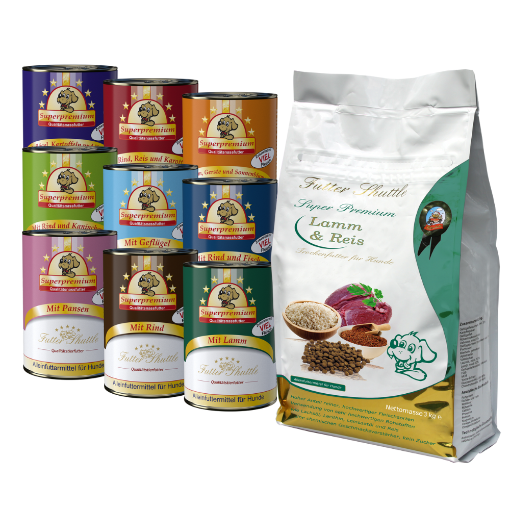 Sparpaket Hundefutter |Hunde Trocken- und Nassfutter in Spitzenqualität | 3kg Super Premium Hundefutter Trockenfutter Lamm und Reis und 18 x 400g Dosen Nassfutter