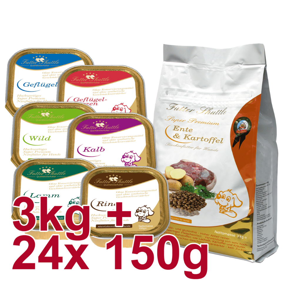 Getreidefreies Hundefutter Sparpaket – Ente & Kartoffel Trockenfutter + Nassfutter Mix – 3 kg + 24 × 150 g