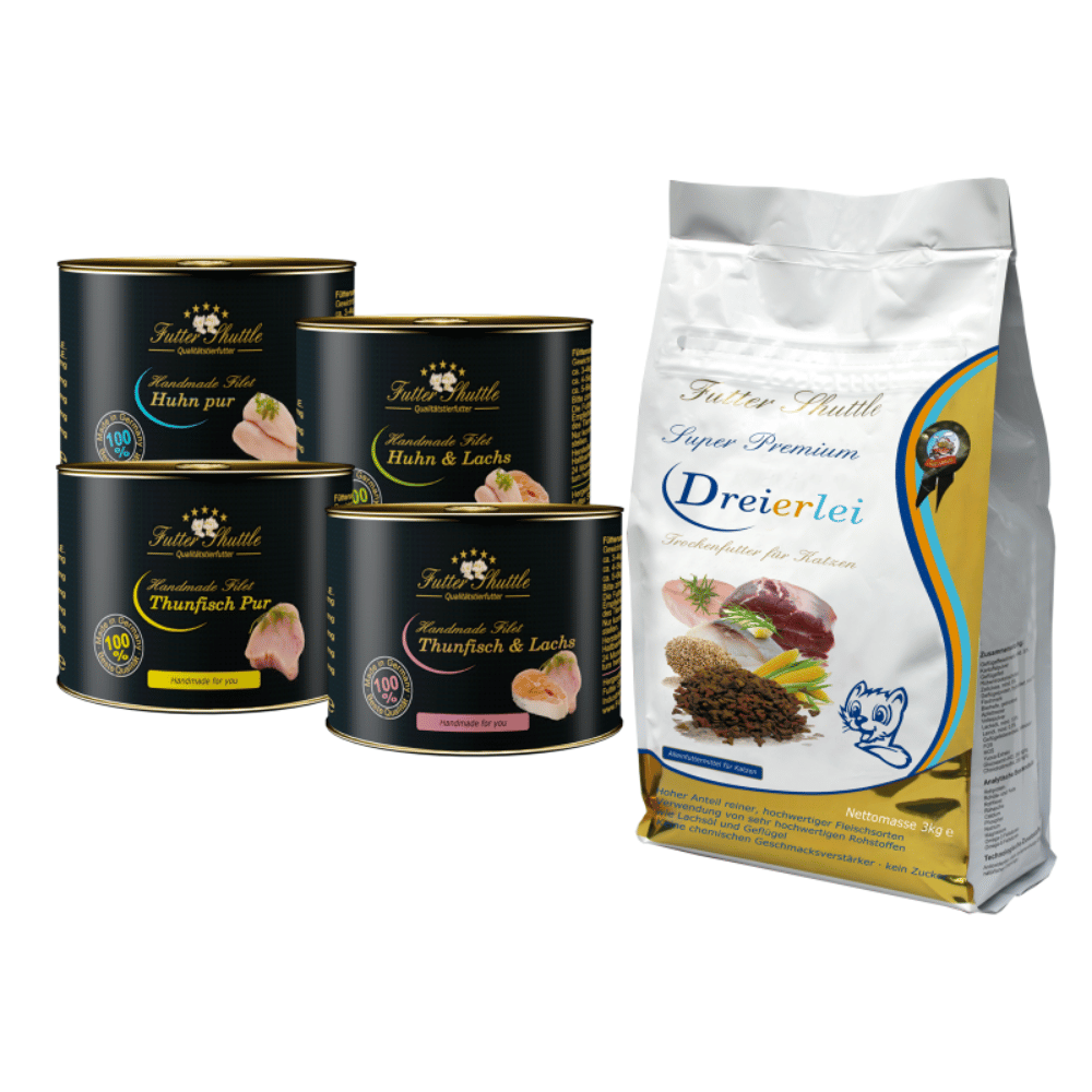 Katzenfutter Sparpack – 3 kg Dreierlei + 12 × 140 g Handmade Filet
