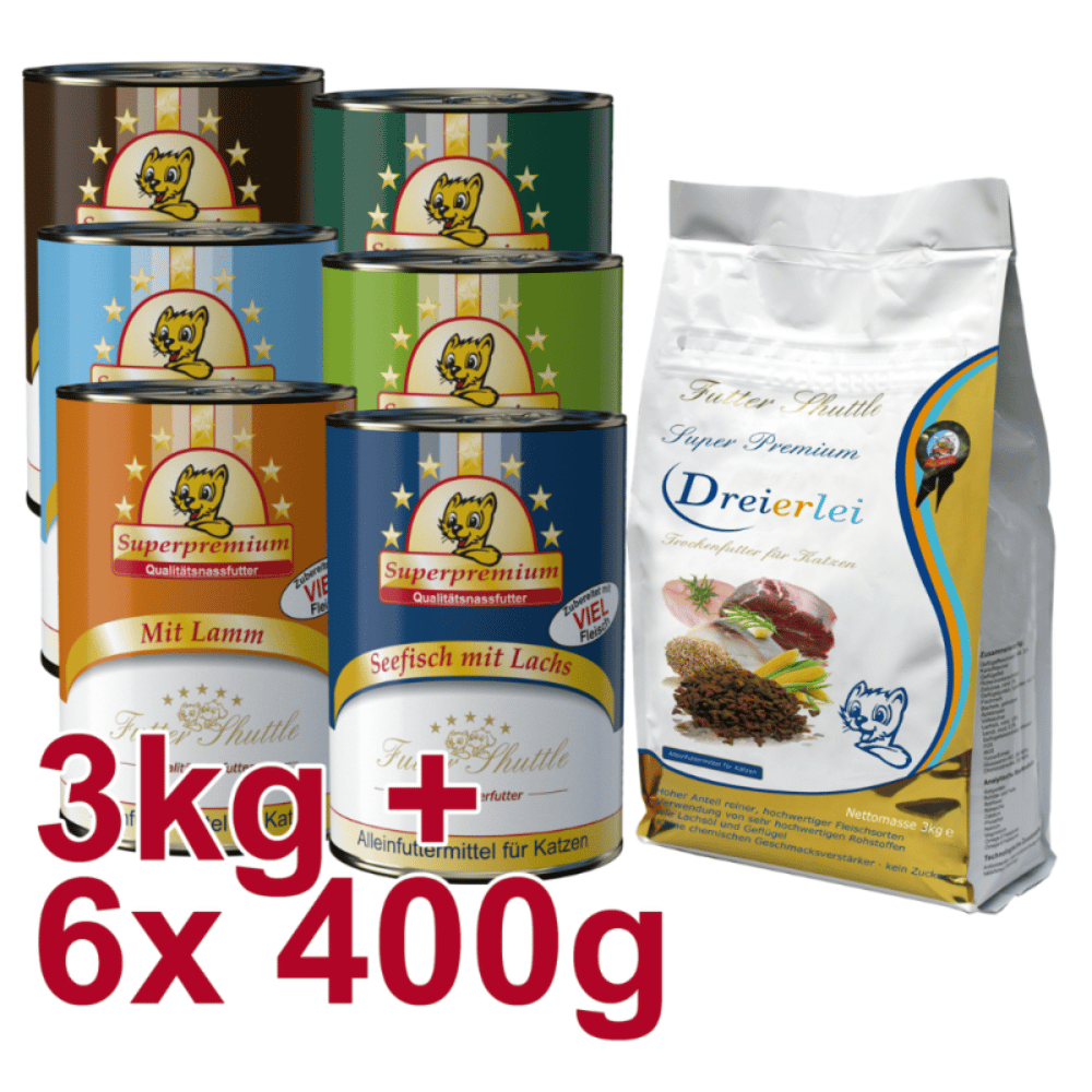 Sparpack Katzenfutter – 3 kg Trockenfutter Dreierlei + 6 × 400 g Nassfutter