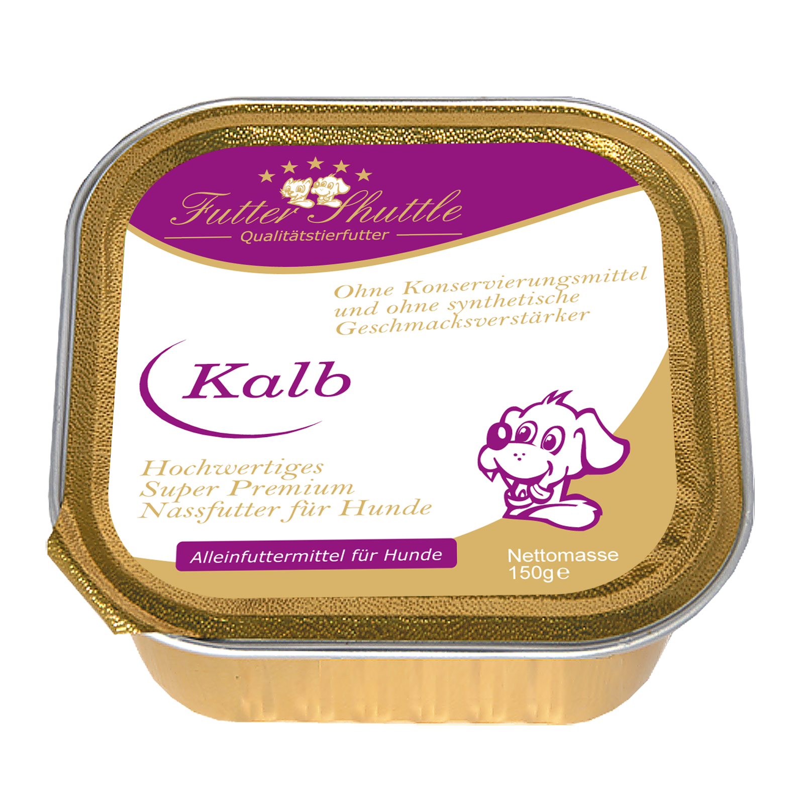 Hochwertiges Hunde Nassfutter mit Kalb. Super Premium Nassfutter der höchsten Güte in praktischer 150g Schale