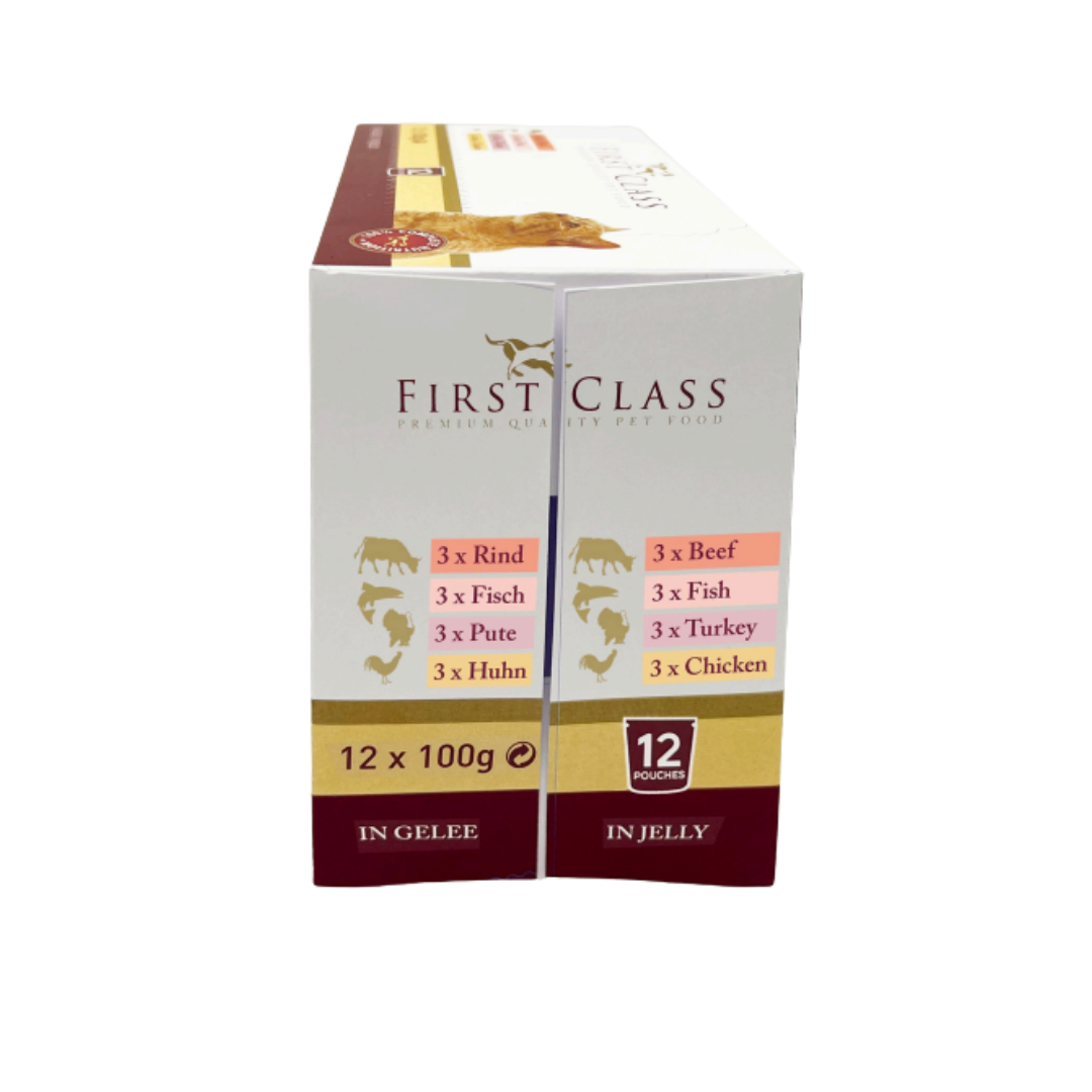 First Class | Günstiges Katzenfutter Nassfutter Multipack 12 x 100g | 4 verschiedene Geschmacksrichtungen in Gelee
