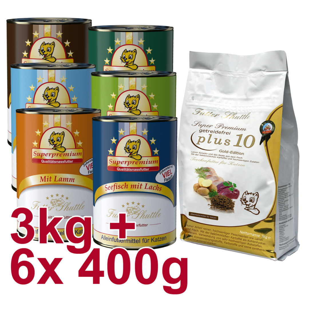 Katzenfutter Sparpaket. Getreidefrei Plus 10 und Katzen Nassfutter in 400g Dosen