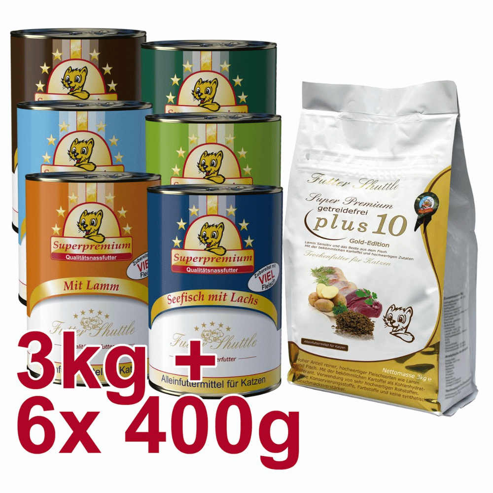 Katzenfutter Sparpaket getreidefrei – Trockenfutter Plus 10 (3 kg) & Nassfutter Mix (6 × 400 g)