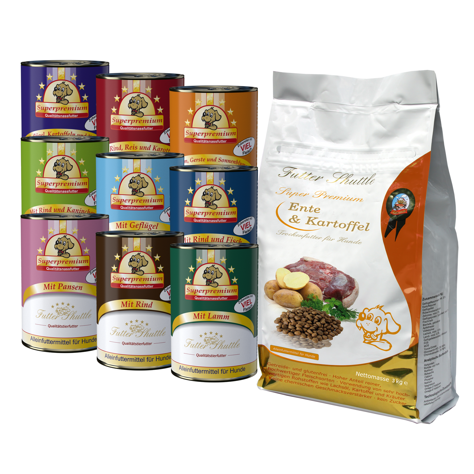 Sparpaket Getreidefreies Hundetrockenfutter und Hunde Nassfutter als Sparpack und in der höchsten Güte. Mit 3kg Ente & Kartoffel Getreidefrei + 18 x 400g Dosen hochwertiges Hunde Nassfutter. Gönnen Sie Ihrem Hund eines der hochwertigsten Hundefutter auf d