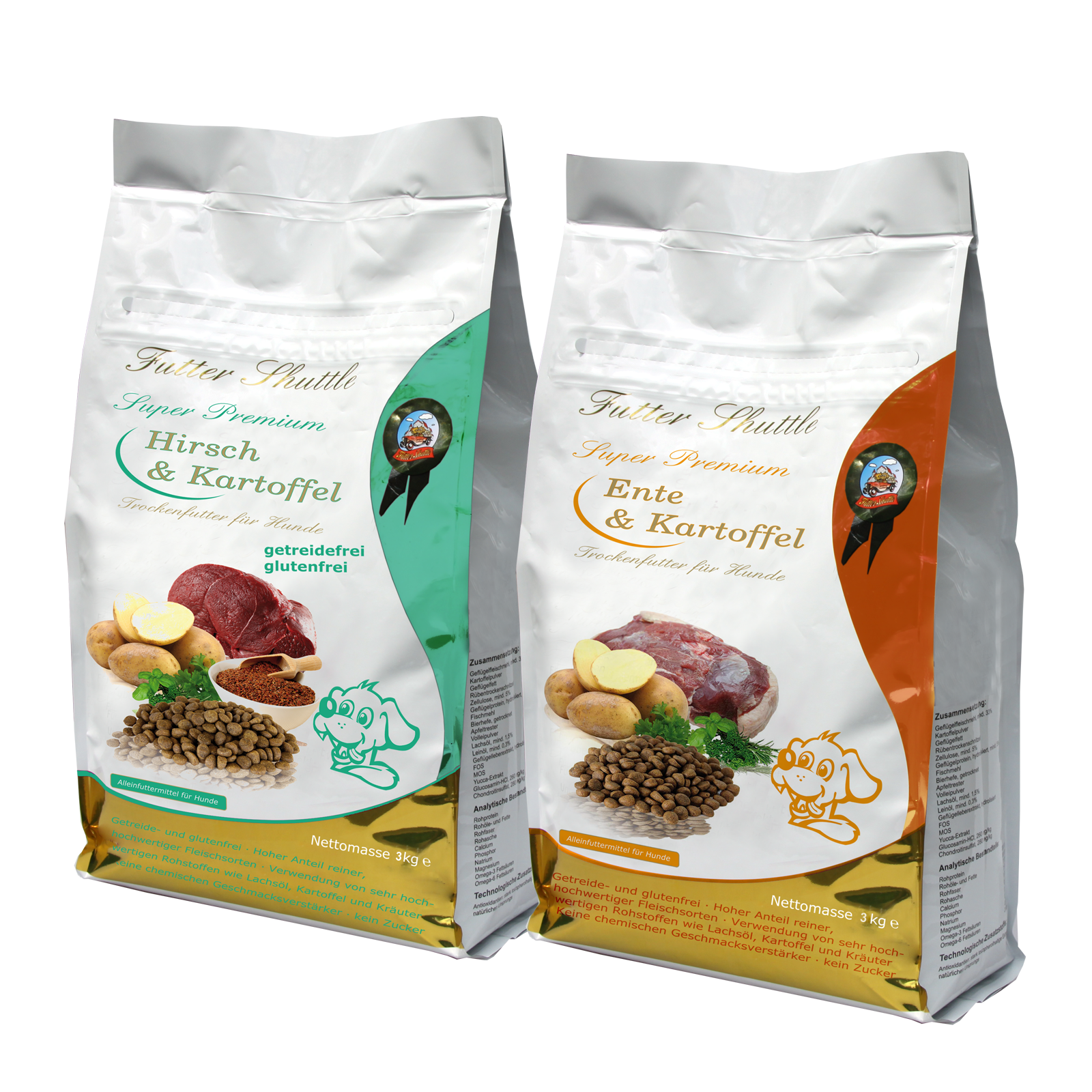 Sparpaket Getreidefreies Trockenfutter für Hunde in Spitzenqualität. Mit 3kg Hirsch sowie 3 kg Ente und der bekömmlichen Kartoffel