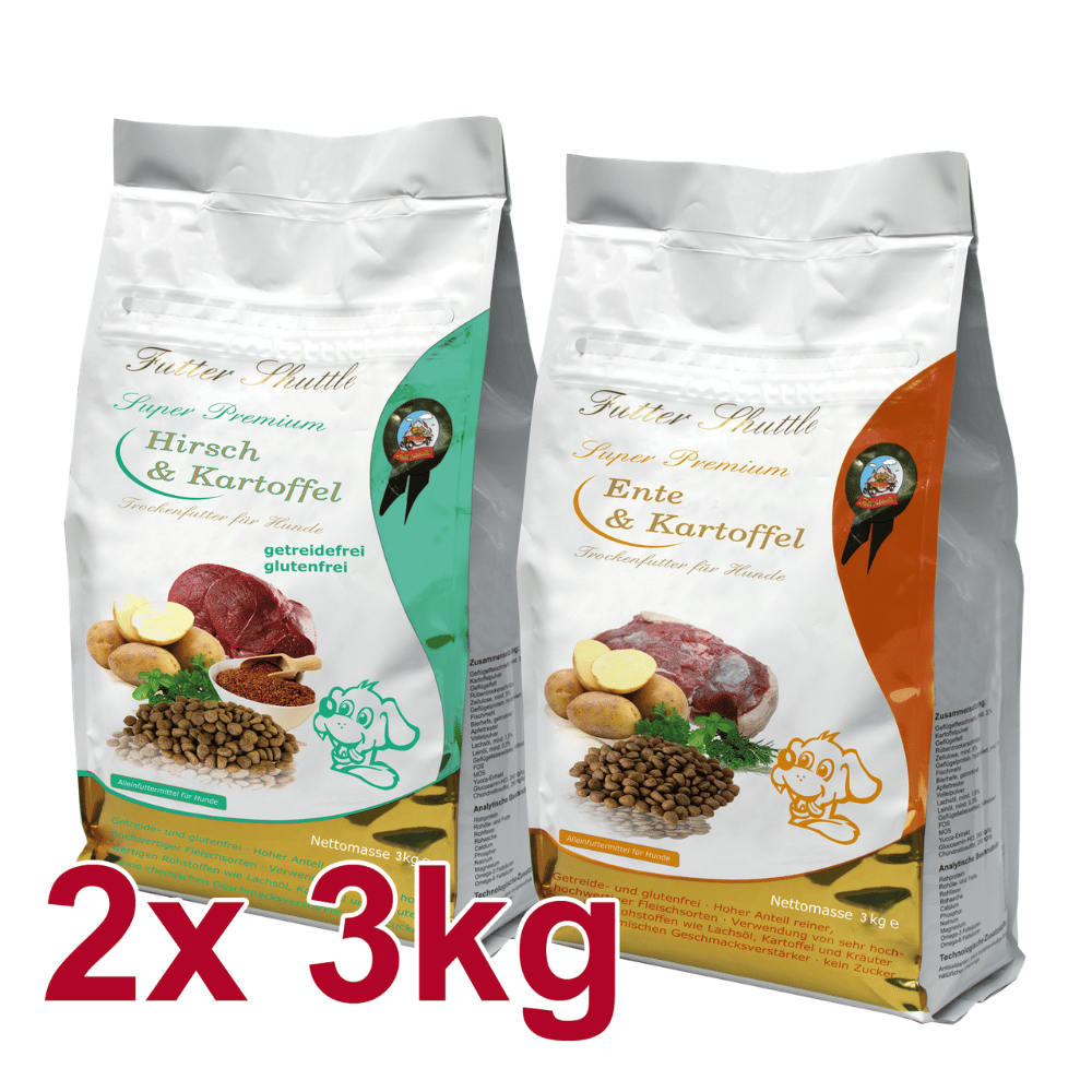 Getreidefreies Hundefutter Sparpaket – Super Premium Trockenfutter Hirsch & Ente mit Kartoffel – 2 × 3 kg