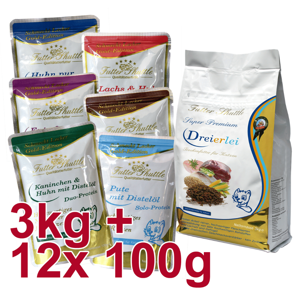 Katzenfutter Bundle – Trockenfutter Dreierlei 3 kg + 12 × 100 g Gold Edition Nassfutter