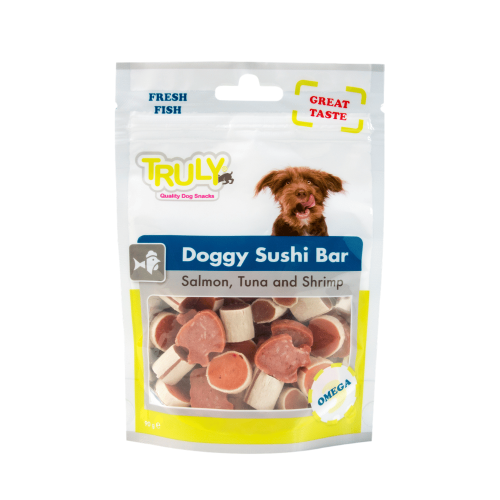 Doggy Sushi Bar Hundesnack mit Huhn, Thunfisch, Lachs & Shrimps – 90 g