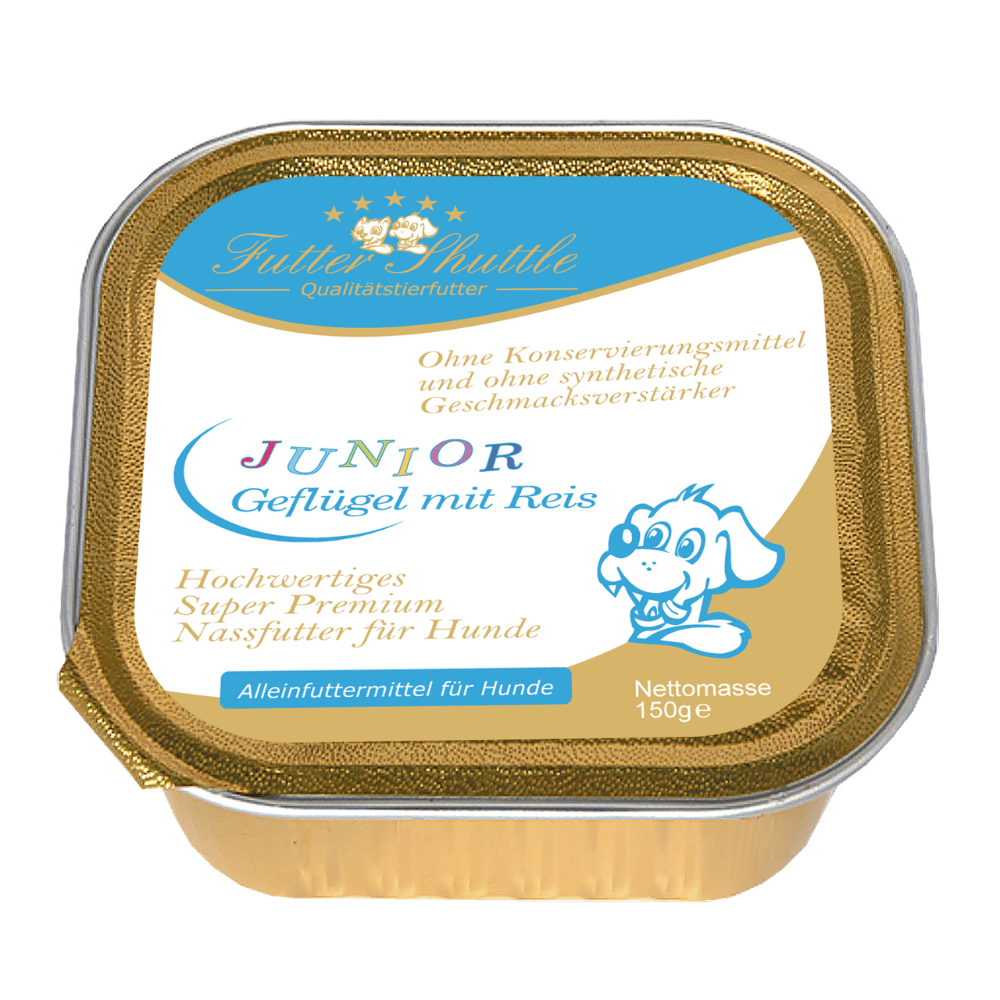 Welpen Nassfutter Junior mit Geflügel & Reis – 150 g Portionsschale | Alleinfuttermittel für Welpen
