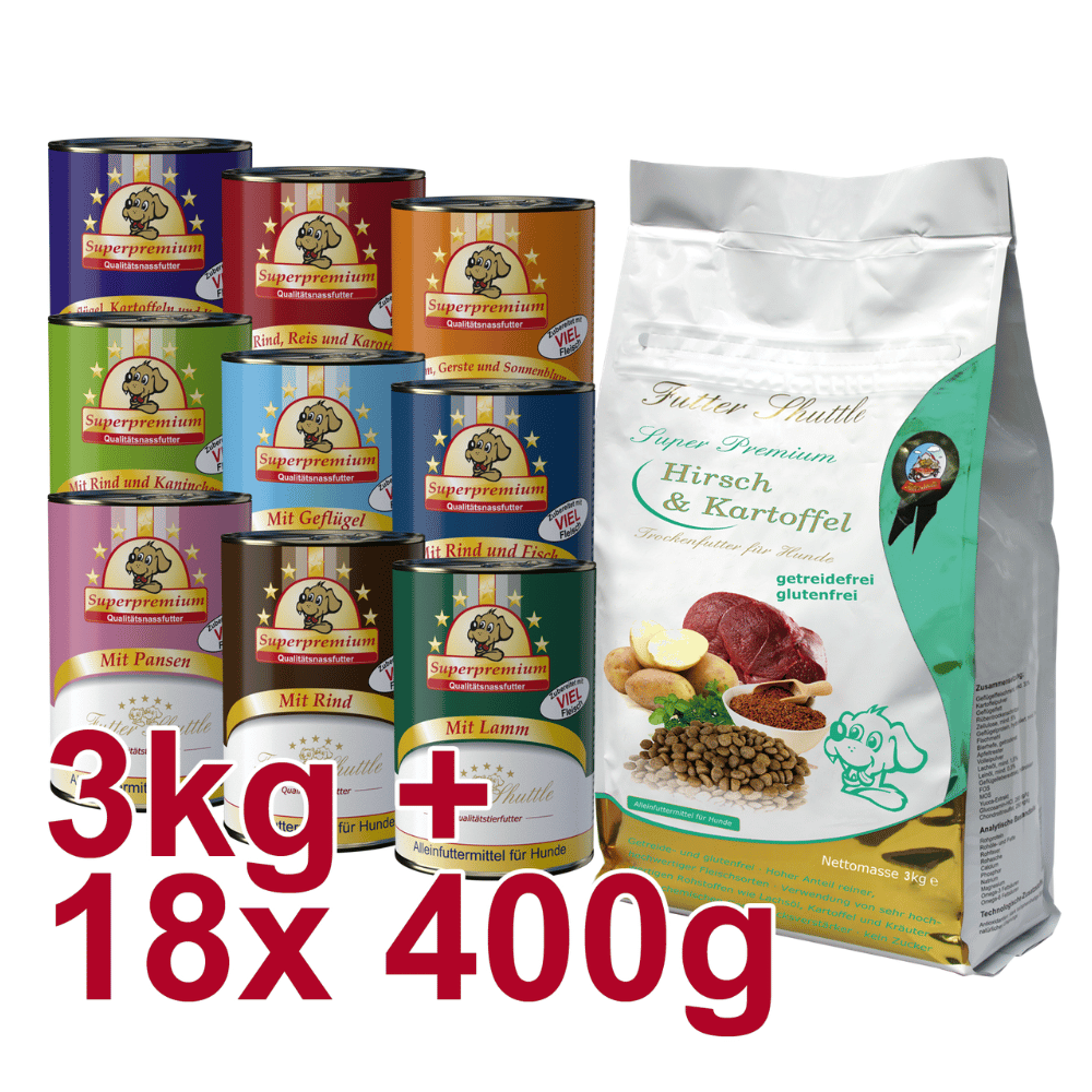 Getreidefreies Hundefutter Sparpaket – Hirsch & Kartoffel Trockenfutter + Nassfutter Mix – 3 kg + 18 × 400 g