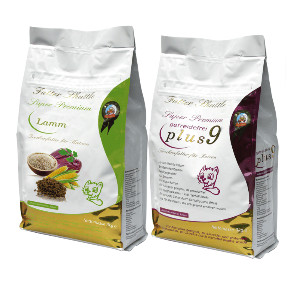 Katzen Trockenfutter Sparpaket Super Premium – Getreidefrei Plus 9 & Lamm Sensitiv, 2 × 3 kg