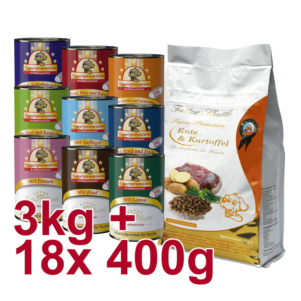 Getreidefreies Hundefutter Sparpaket – Ente & Kartoffel Trockenfutter + Nassfutter Mix – 3 kg + 24 × 150 g