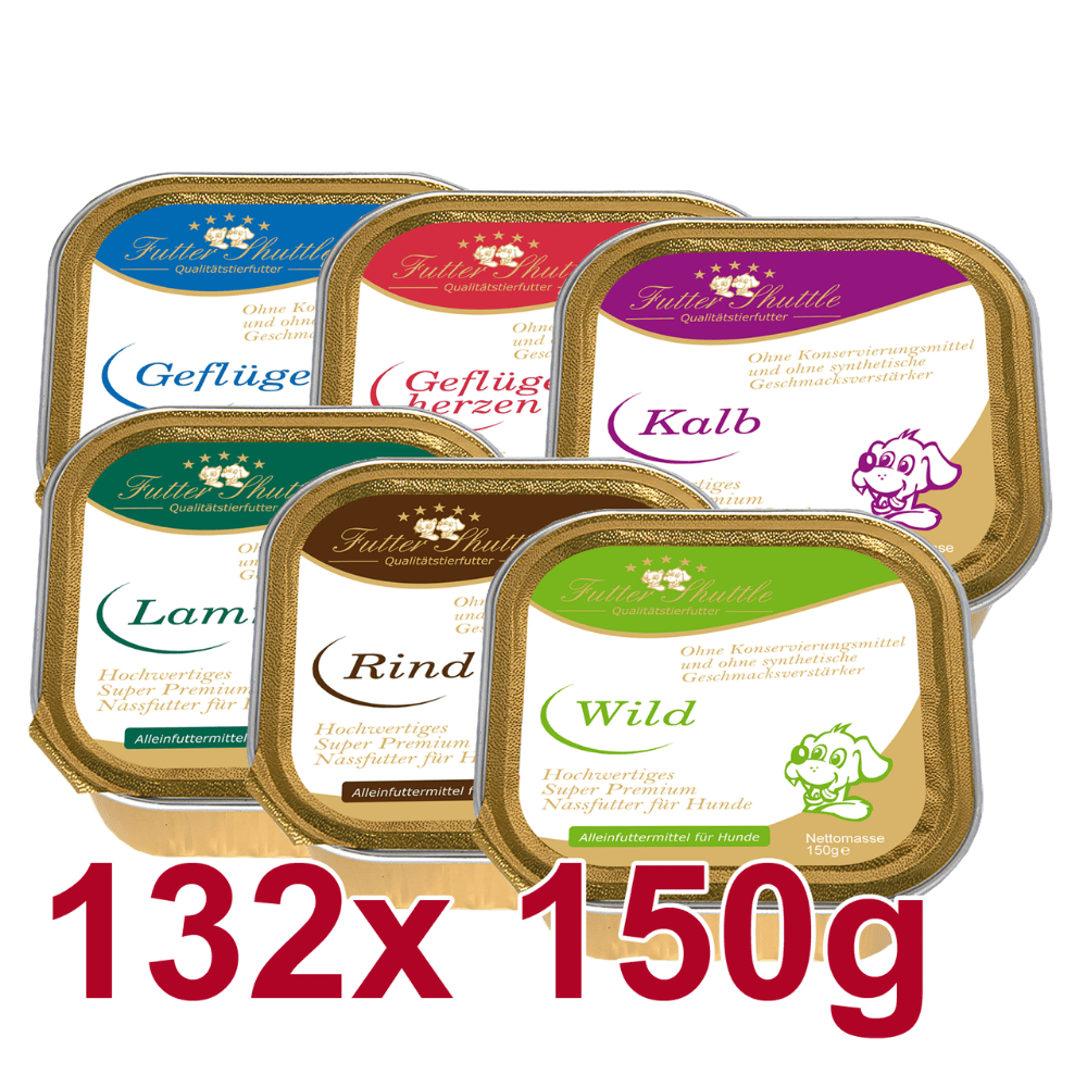 Super Sparpaket Hunde Nassfutter – Premium Fleischmenü Mix – 132 × 150 g Portionsschalen