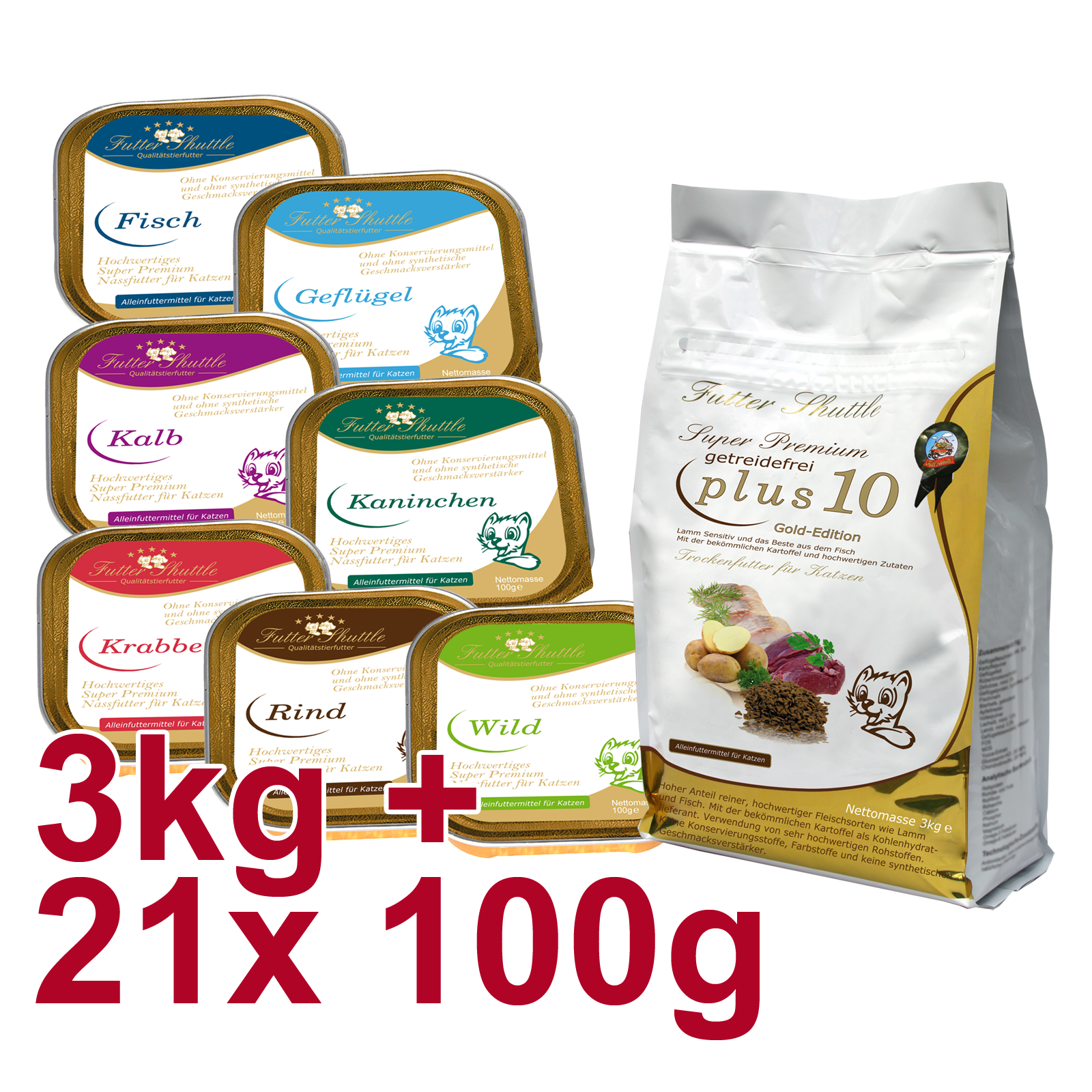 Sparpaket Getreidefreies Katzenfutter in Spitzenqualität. Mit 3kg Super Premium Getreidefreies Katzenfutter Trockenfutter Plus 10 und 21 x 100g Portionsgerechte Schalen in der höchsten Güte als Sparpaket