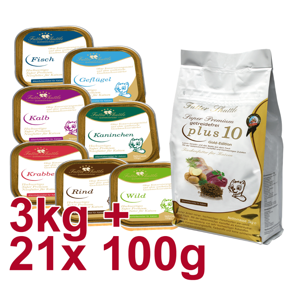 Sparpaket Getreidefreies Katzenfutter Plus 10 & Nassfutter – Premium Trocken- & Nassfutter Mix 3 kg + 21 × 100 g