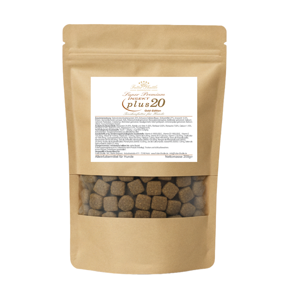 Hypoallergenes Hundefutter Trockenfutter – Insekt Plus 20 | Getreidefrei & Nachhaltig (200 g Probe)