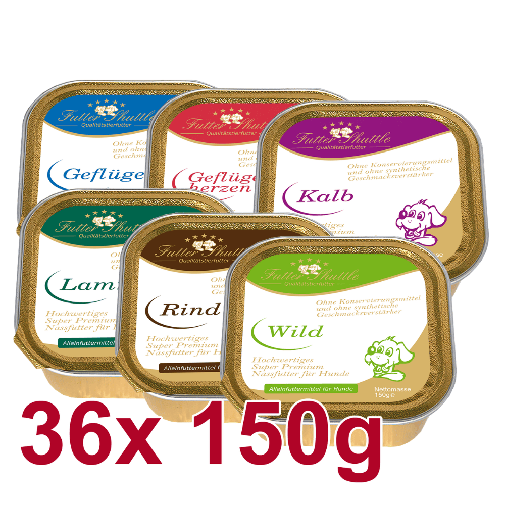 XL Sparpaket Hundefutter Nassfutter – Premium Fleischmenü Mix – 36 × 150 g Portionsschalen