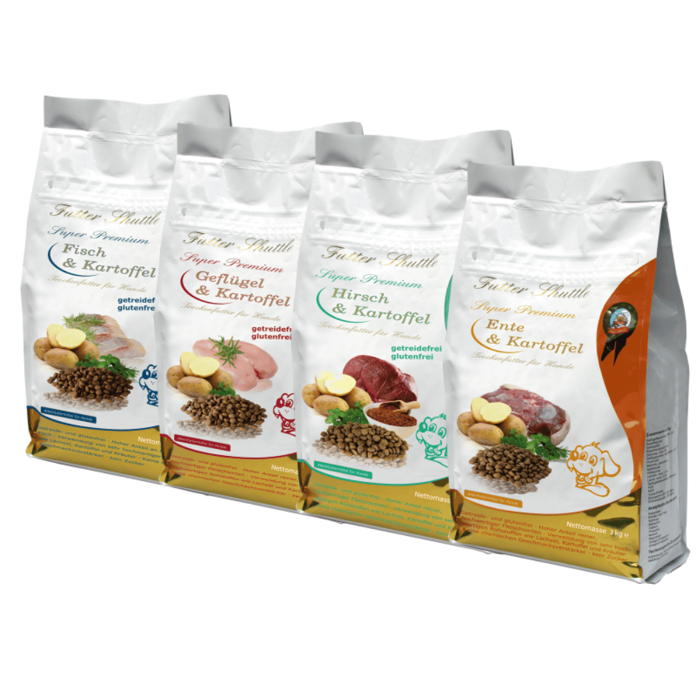 Günstiges getreidefreies Hundefutter Sparpaket – Geflügel, Fisch, Hirsch & Ente mit Kartoffel – 4 × 3 kg (Aktionspreis)