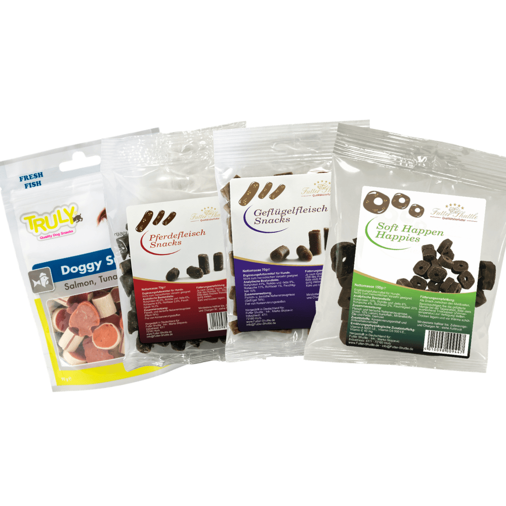 Hundeleckerli Probierpaket mit Pferd, Geflügel, Lamm & Fisch – 380 g Snack Mix