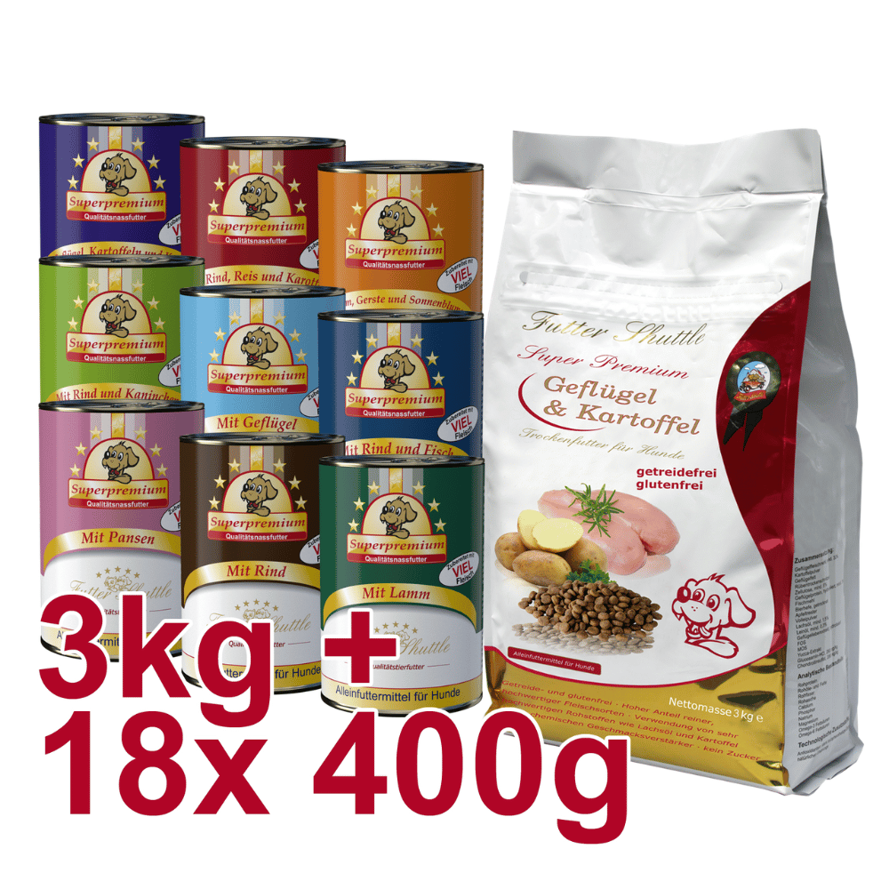 Sonderangebot Getreidefreies Hundefutter – Geflügel & Kartoffel Trockenfutter + Nassfutter Mix – 3 kg + 24 × 150 g
