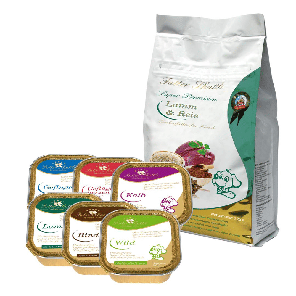 Angebot Hundefutter Sparpaket – Super Premium Lamm & Reis Trockenfutter + Nassfutter Mix – 3 kg + 24 × 150 g