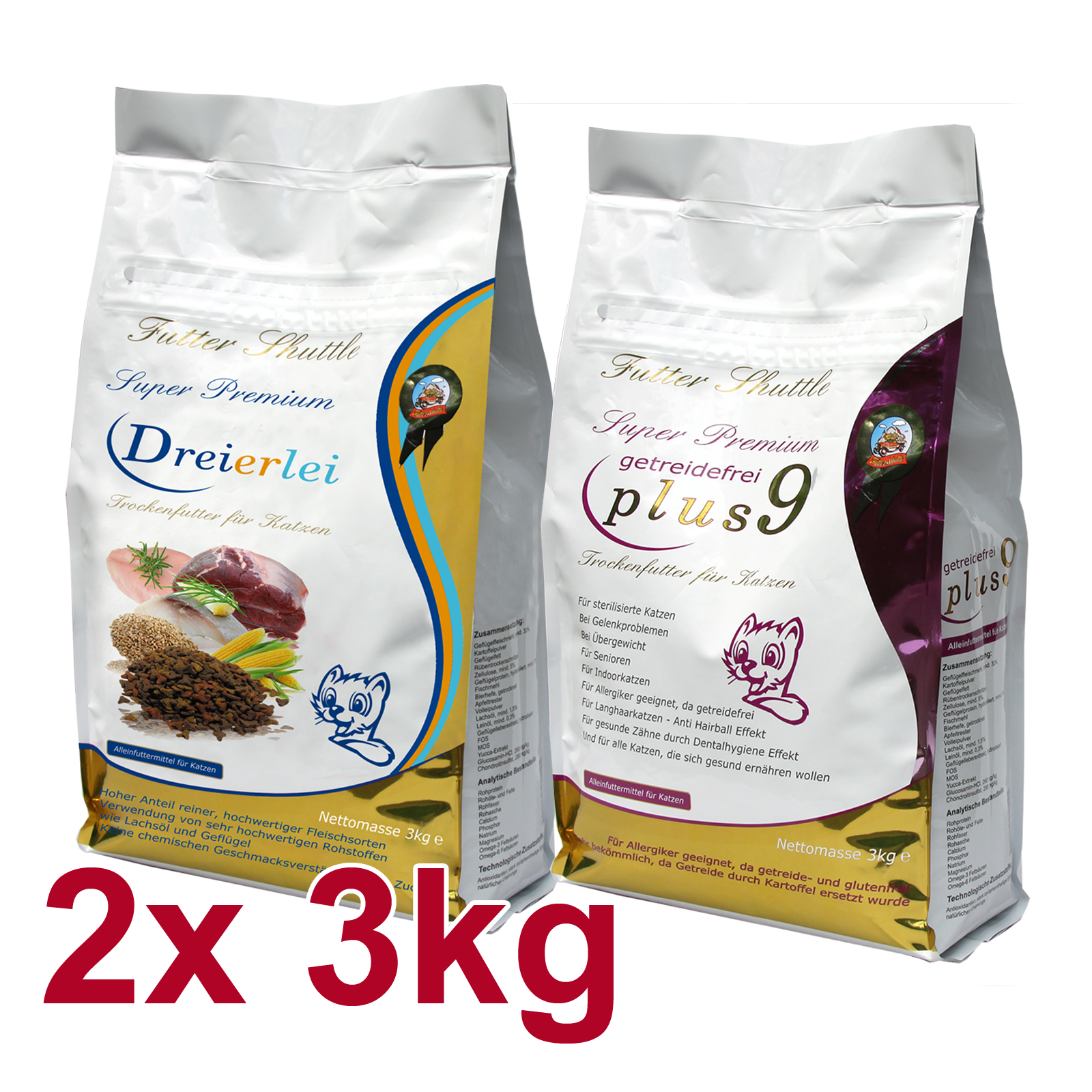 Katzenfutter Sparpaket | Katzen Trockenfutter in Spitzenqualität. Mit 3kg getreidefreiem Super Premium Katzenfutter Trockenfutter Plus 9 und 3kg Katzentrockenfutter Dreierlei für mehr Abwechslung in der höchsten Güte als Sparpaket