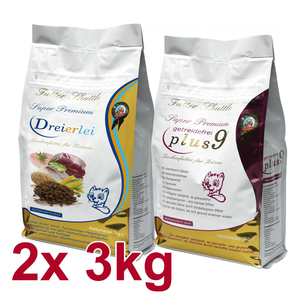 Trockenfutter Sparset für Katzen – 2 × 3 kg Plus 9 & Dreierlei