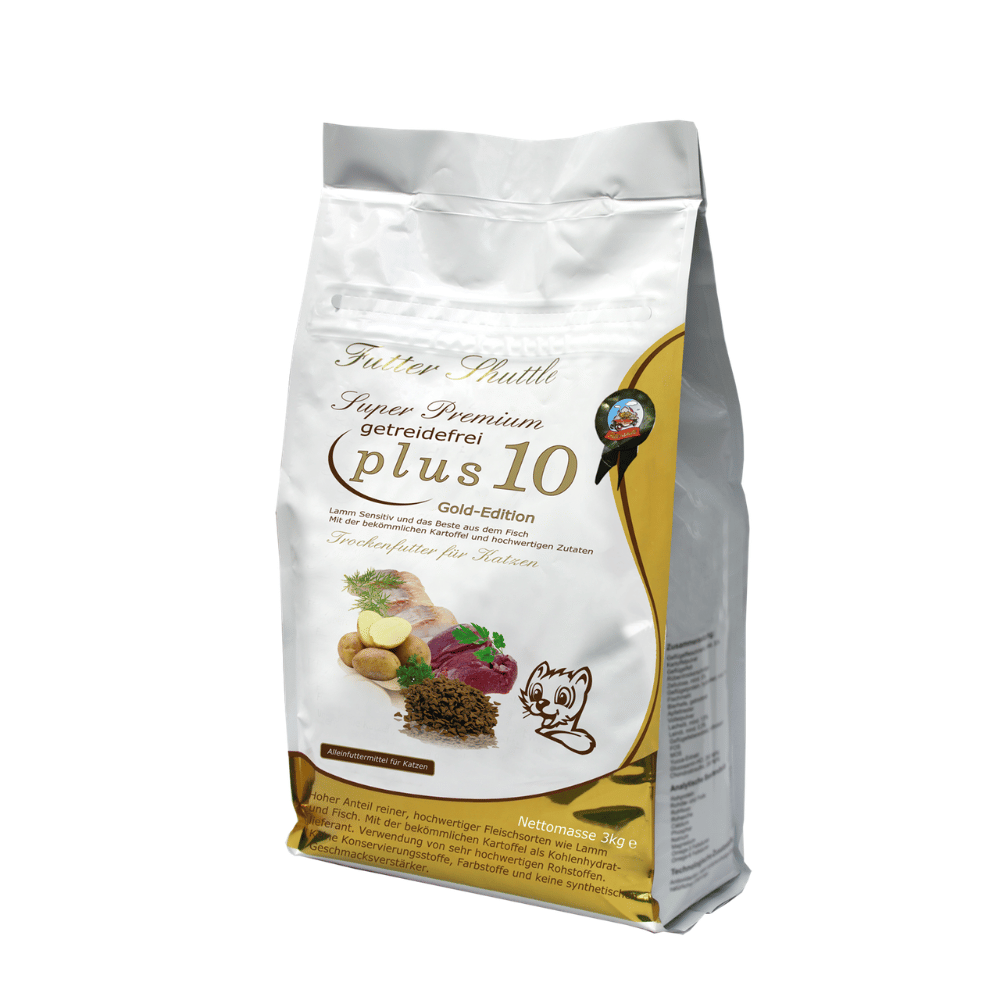 Sparpack Getreidefreies Katzenfutter Plus 10 & Gold Edition Nassfutter – Trocken- & Nassfutter Mix 3 kg + 12 × 100 g