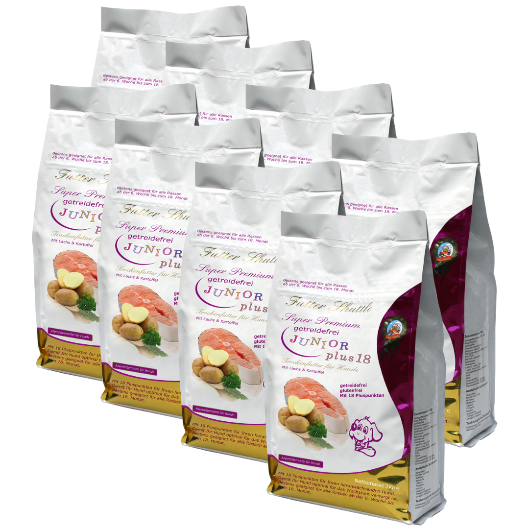 XXL Sparpaket. Getreidefreies Welpenfutter Trockenfutter Junior PLUS 18 - 24 kg = 8 x 3kg Big Pack Vorrats Sparpaket