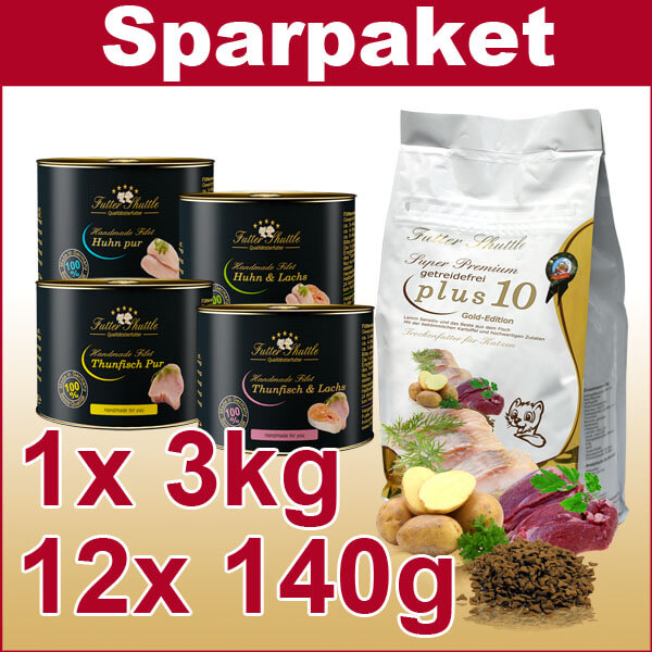 Katzenfutter Sparpaket der Extraklasse | Handmade Filet und getreidefreies Katzen Trockenfutter Plus 10 | 3kg Plus 10 + 12 Dosen a 140g Filet gemischt