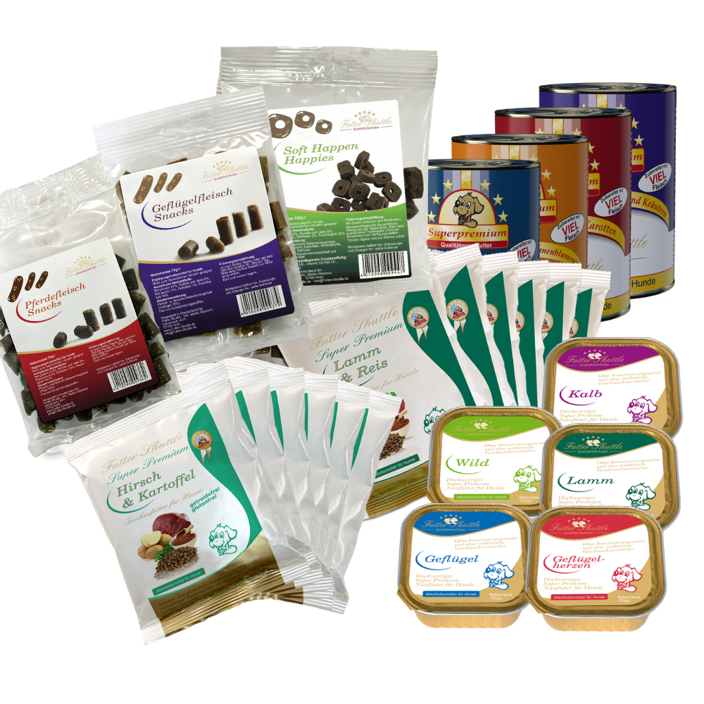 Hundefutter Probierpaket Premium Mix – Trockenfutter, Nassfutter & Leckerlies für Hunde