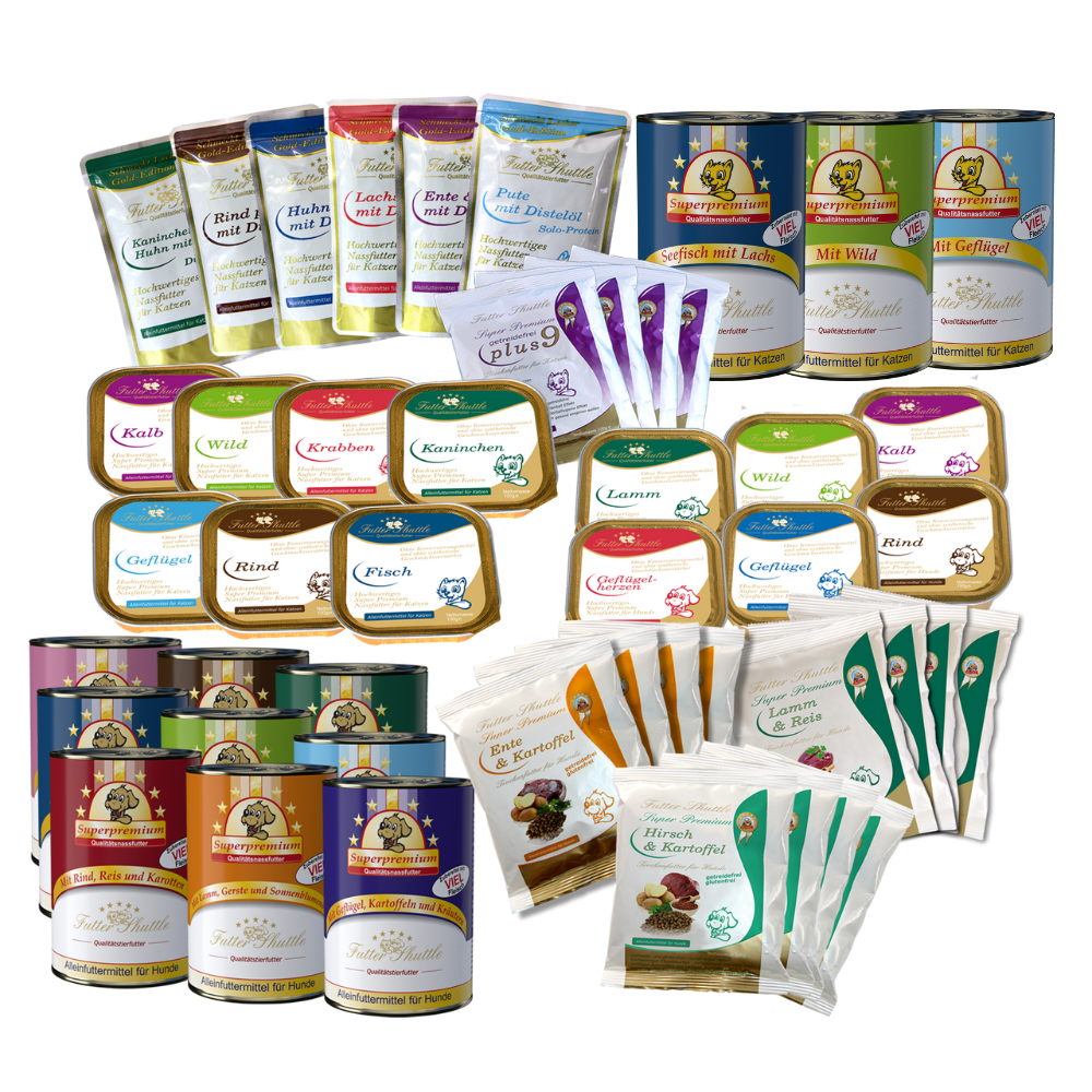 Probierpaket Hunde und Katzen Nassfutter und Trockenfutter als gemischter Sparpack. Hunde- und Katzenfutter der Extraklasse