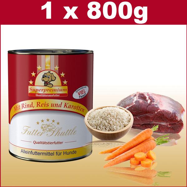 Hochwertiges Hunde Nassfutter | Rind mit Reis und Karotten 800g 